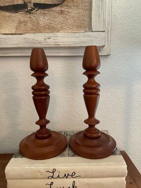 Mid-Century Wooden Candle
Holders- a Pair 9” Tall